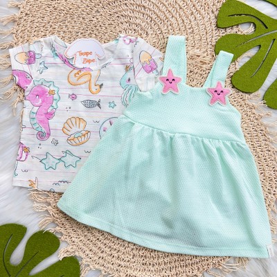 Conj. Blusa Fundo do Mar e Salopete Estrelinhas - Verde Água