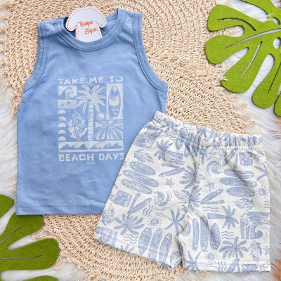 Conj. Regata Take me to Beach Days e Bermuda em Linho - Azul Jeans