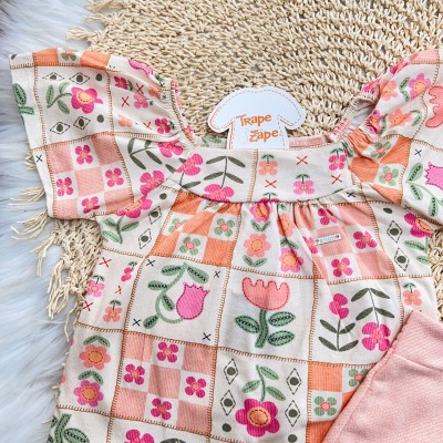 Conj. Batinha Flores de Jardim e Short em Linho - Salmão