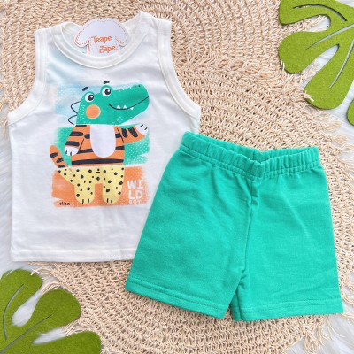 Conj. Regata Wild Box e Bermuda em Moletinho - Off White e Verde