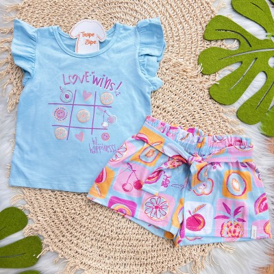 Conj. Blusa Love Wins e Short Frutinhas - Azul