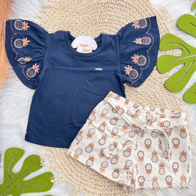 Conj. Blusa Manga Flare e Short em Linho Mini Abacaxi - Azul Marinho