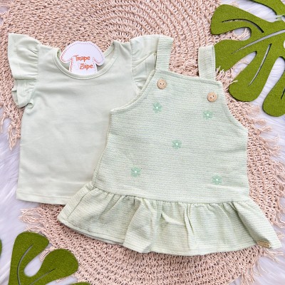 Conj. Blusa Lisa e Jardineira de Florzinhas - Verde