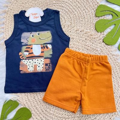Conj. Regata Wild Box e Bermuda em Moletinho - Marinho e Ferrugem