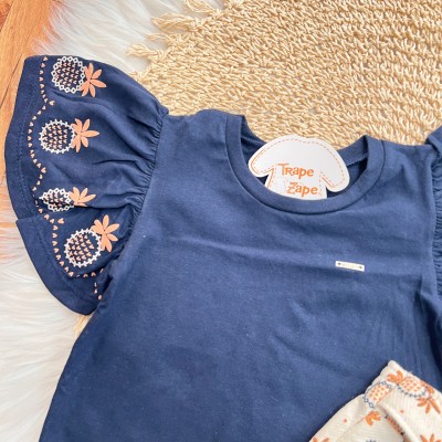 Conj. Blusa Manga Flare e Short em Linho Mini Abacaxi - Azul Marinho