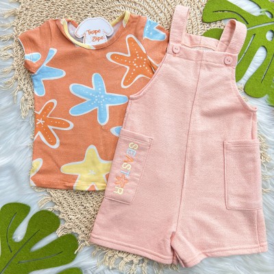 Conj. Blusa Estrelas do Mar e Salopete em Linho - Salmão