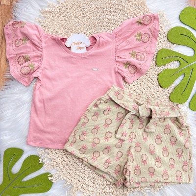 Conj. Blusa Manga Flare e Short em Linho Mini Abacaxi - Rose