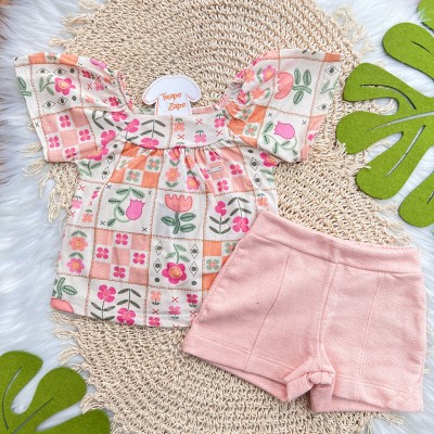Conj. Batinha Flores de Jardim e Short em Linho - Salmão
