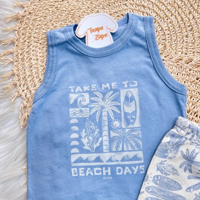 Conj. Regata Take me to Beach Days e Bermuda em Linho - Azul Jeans