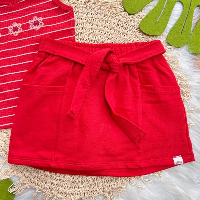 Conj. Regata Listrada Três Flores e Short Saia - Vermelho