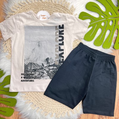 Conj. Camiseta Explorer e Bermuda - Creme e Preto