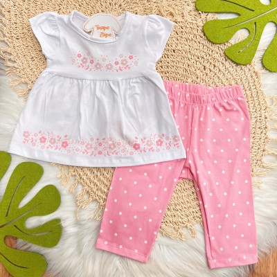 Conj. Batinha Florzinhas e Calça Legging - Off White e Rosa