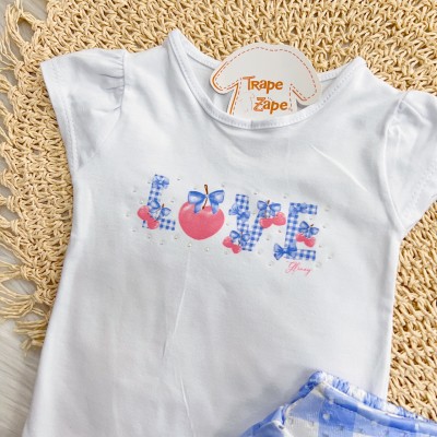 Conj. Body Love e Short Saia Xadrez - Branco e Azul