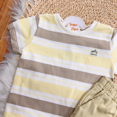  Conj. Camiseta Listrada e Bermuda em Sarja - Areia e Amarelo