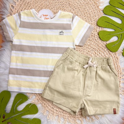  Conj. Camiseta Listrada e Bermuda em Sarja - Areia e Amarelo