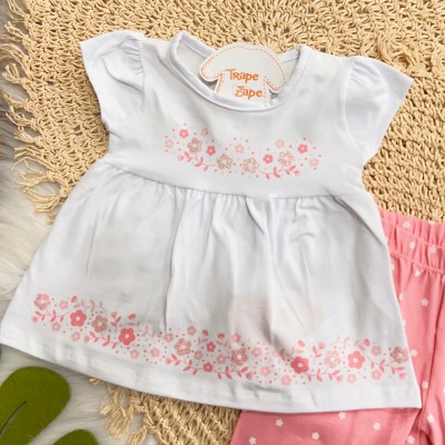 Conj. Batinha Florzinhas e Calça Legging - Off White e Rosa