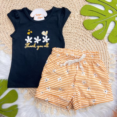 Conj. Blusa Thank You All e Short Florzinhas - Preto e Laranja