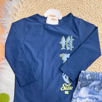 Linha Praia - Blusa Manga Longa Surf Skate e Sunga com Proteção UV50+ - Marinho
