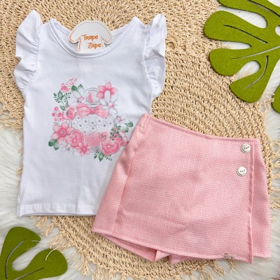 Conj. Blusa Bolsinha com Flores e Short Saia - Rose
