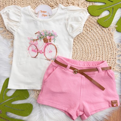 Conj. Blusa Bicicleta Floral e Short com Cinto - Off White e Rose