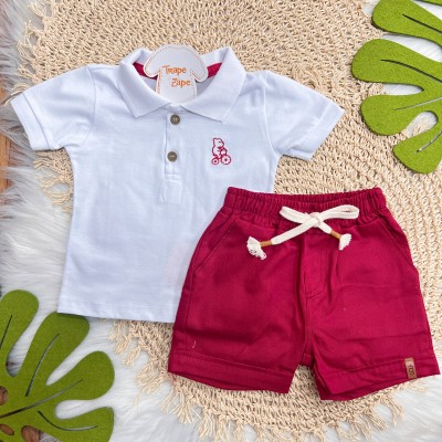  Conj. Camisa Polo Ursinho e Bermuda em Sarja - Branco e Vermelho