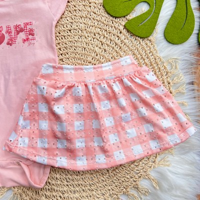 Conj. Body Love e Short Saia Xadrez - Branco e Rose
