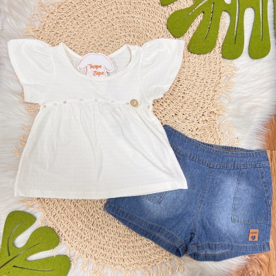 Conj. Batinha com Pérolas e Short Jeans - Off White 