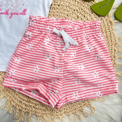 Conj. Blusa Thank You All e Short Florzinhas - Branco e Rosa