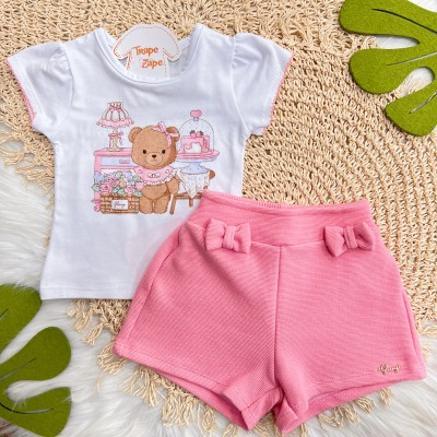 Conj. Blusa Ursinha com Bolo e Short - Branco e Rosa