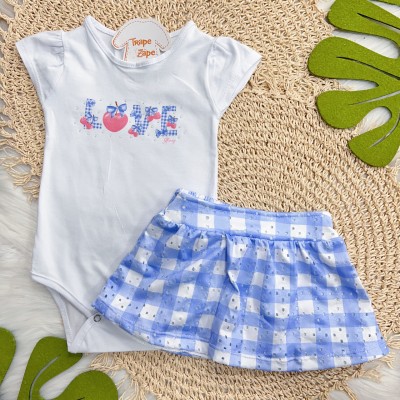 Conj. Body Love e Short Saia Xadrez - Branco e Azul