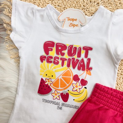 Conj. Blusa Fruit Festival e Short - Branco e Vermelho