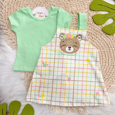Conj. Blusa Manga Curta e Salopete Xadrez Ursinha - Verde e Off White