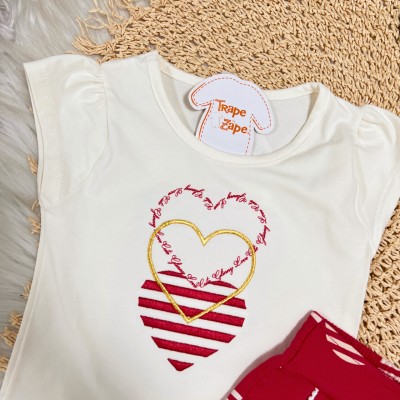 Conj. Blusa Corações e Short Círculos - Vermelho e Off White  