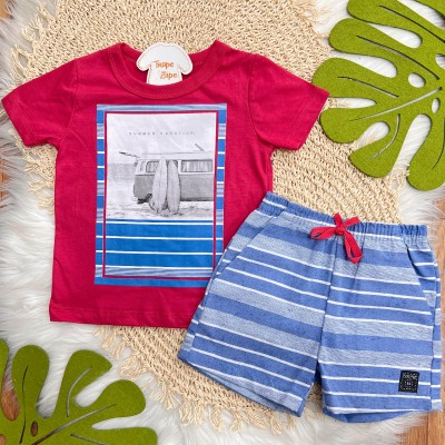 Conj. Camiseta Summer Vocation e Bermuda em Linho - Vermelho
