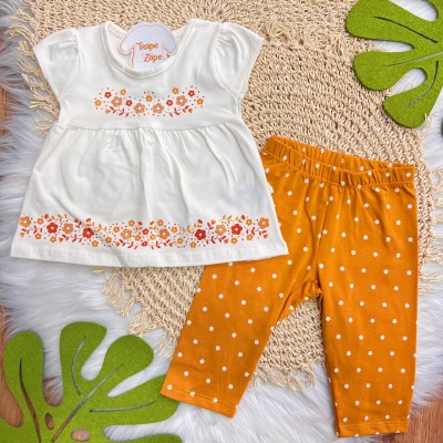 Conj. Batinha Florzinhas e Calça Legging - Off White e Laranja