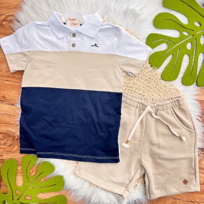 Conj. Camiseta Gola Polo Três Cores e Bermuda - Areia, Marinho e Branco