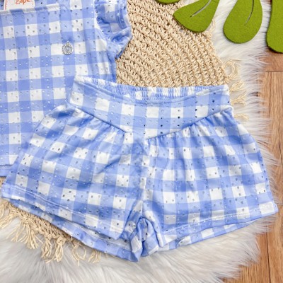  Conj. Blusa Lese e Short Xadrez - Azul Bebê e Branco