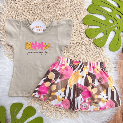 Conj. Blusa Bloom e Short Saia Floral - Marrom e Rosa