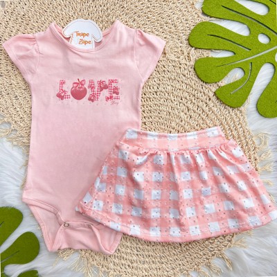 Conj. Body Love e Short Saia Xadrez - Branco e Rose
