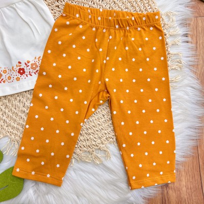 Conj. Batinha Florzinhas e Calça Legging - Off White e Laranja