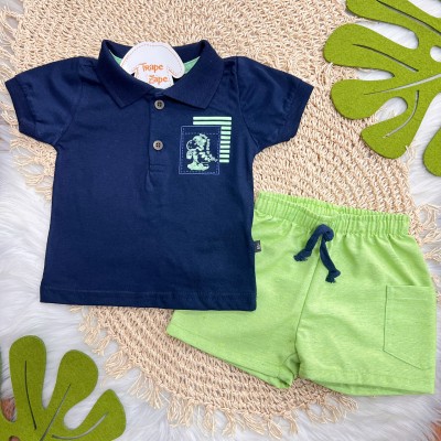 Conj. Camiseta Polo Dino Skatista e Bermuda - Marinho 