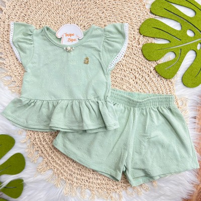 Conj. Blusa Pérolas com Ursinho e Short - Verde