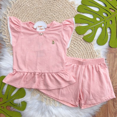 Conj. Blusa Pérolas com Ursinho e Short - Rose