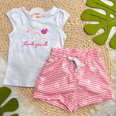 Conj. Blusa Thank You All e Short Florzinhas - Branco e Rosa