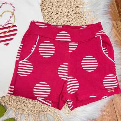 Conj. Blusa Corações e Short Círculos - Vermelho e Off White  