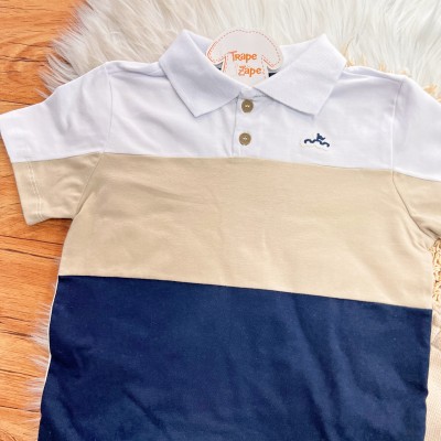 Conj. Camiseta Gola Polo Três Cores e Bermuda - Areia, Marinho e Branco