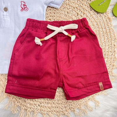  Conj. Camisa Polo Ursinho e Bermuda em Sarja - Branco e Vermelho
