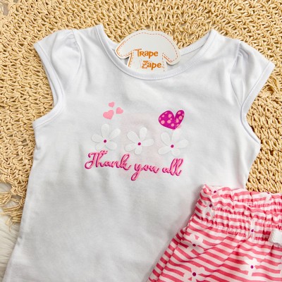 Conj. Blusa Thank You All e Short Florzinhas - Branco e Rosa