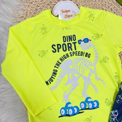 Linha Praia - Blusa Manga Longa Dino Sport e Sunga com Proteção UV50+ - Verde Fluorescente 