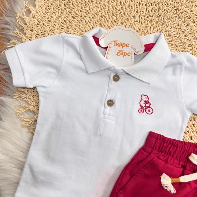  Conj. Camisa Polo Ursinho e Bermuda em Sarja - Branco e Vermelho